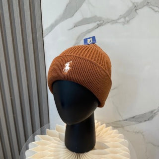Ralph Lauren Hat Cognac Brown White Pony Ribbed Cuff Beanie