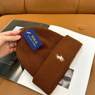Ralph Lauren Hat Cognac Brown White Pony Ribbed Cuff Beanie