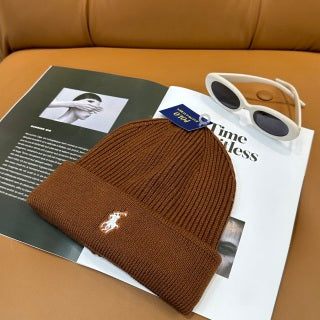 Ralph Lauren Hat Cognac Brown White Pony Ribbed Cuff Beanie