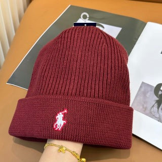 Ralph Lauren Hat Burgundy White Pony Ribbed Foldover Beanie