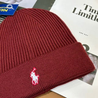 Ralph Lauren Hat Burgundy White Pony Ribbed Foldover Beanie
