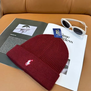 Ralph Lauren Hat Burgundy White Pony Ribbed Foldover Beanie