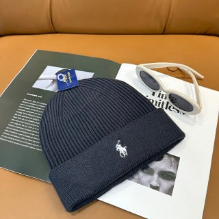 Ralph Lauren Hat Charcoal Gray White Pony Ribbed Cuff Beanie