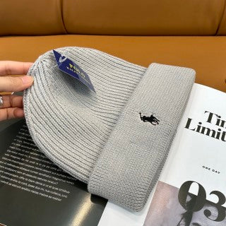 Ralph Lauren Hat Pearl Gray Front Pony Ribbed Cuff Beanie