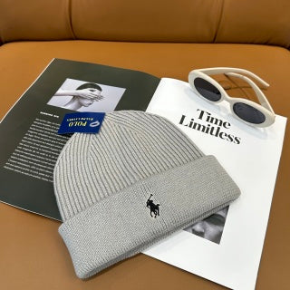 Ralph Lauren Hat Pearl Gray Front Pony Ribbed Cuff Beanie