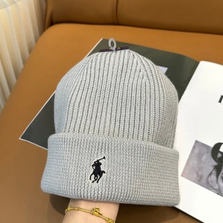 Ralph Lauren Hat Pearl Gray Front Pony Ribbed Cuff Beanie