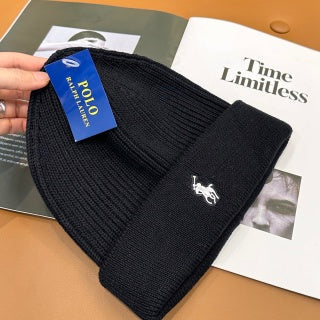 Ralph Lauren Hat Black White Pony Front Ribbed Beanie