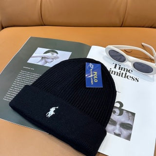 Ralph Lauren Hat Black White Pony Front Ribbed Beanie