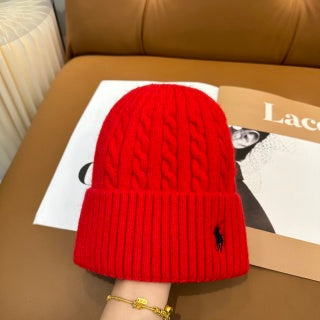 Ralph Lauren Hat Scarlet Red Side Pony Ribbed Knit Beanie