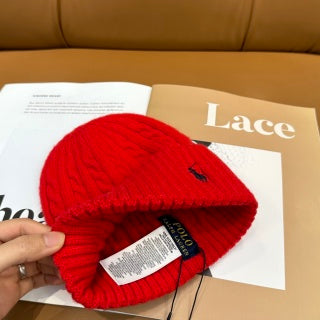 Ralph Lauren Hat Scarlet Red Side Pony Ribbed Knit Beanie