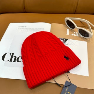 Ralph Lauren Hat Scarlet Red Side Pony Ribbed Knit Beanie