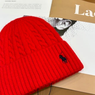Ralph Lauren Hat Scarlet Red Side Pony Ribbed Knit Beanie