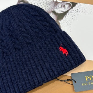 Ralph Lauren Hat Navy Contrast Pony Ribbed Knit Beanie