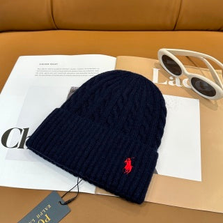Ralph Lauren Hat Navy Red Pony Folded Rib Beanie