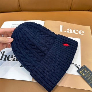 Ralph Lauren Hat Navy Red Pony Folded Rib Beanie