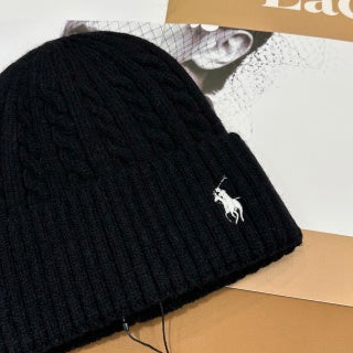 Ralph Lauren Hat Black Side Pony Textured Ribbed Beanie