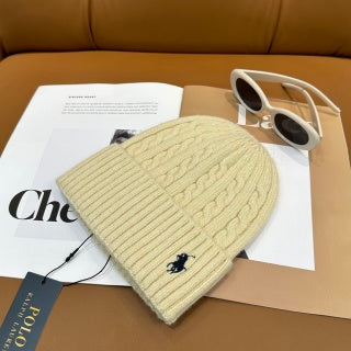 Ralph Lauren Hat Warm Ivory Side Pony Ribbed Knit Beanie