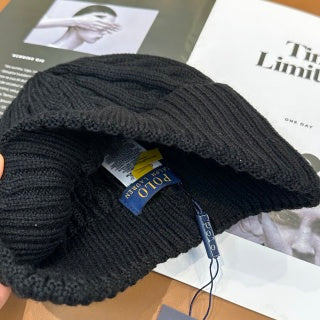 Ralph Lauren Hat Jet Black Red Pony Cable Rib Knit Beanie
