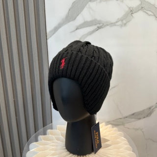 Ralph Lauren Hat Jet Black Red Pony Cable Rib Knit Beanie