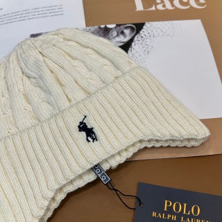 Ralph Lauren Hat Cream Ivory Navy Pony Vertical Rib Beanie