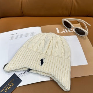 Ralph Lauren Hat Cream Ivory Navy Pony Vertical Rib Beanie