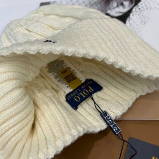 Ralph Lauren Hat Cream Ivory Navy Pony Vertical Rib Beanie