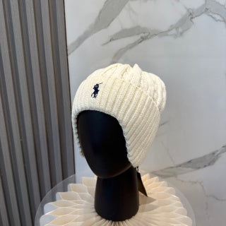 Ralph Lauren Hat Cream Ivory Navy Pony Vertical Rib Beanie