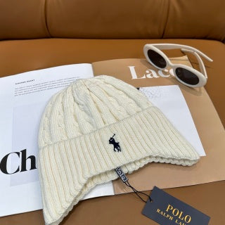 Ralph Lauren Hat Cream Ivory Navy Pony Vertical Rib Beanie