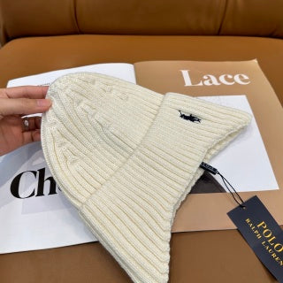 Ralph Lauren Hat Chalk White Side Pony Rib Knit Beanie