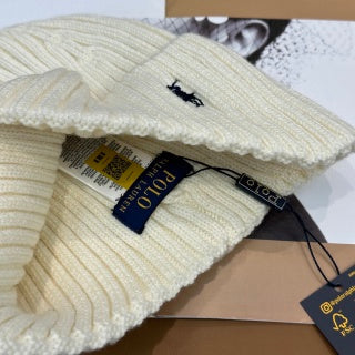 Ralph Lauren Hat Chalk White Side Pony Rib Knit Beanie
