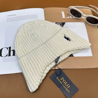 Ralph Lauren Hat Chalk White Side Pony Rib Knit Beanie