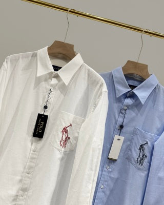 Ralph Lauren Shirt Contrast Embroidered Tencel Linen Blend Long Sleeve Shirt