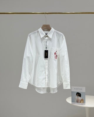 Ralph Lauren Shirt Contrast Embroidered Tencel Linen Blend Long Sleeve Shirt