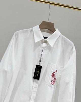 Ralph Lauren Shirt Contrast Embroidered Tencel Linen Blend Long Sleeve Shirt
