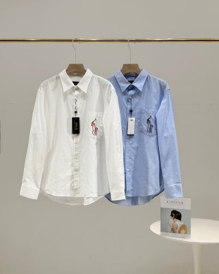 Ralph Lauren Shirt Contrast Embroidered Tencel Linen Blend Long Sleeve Shirt