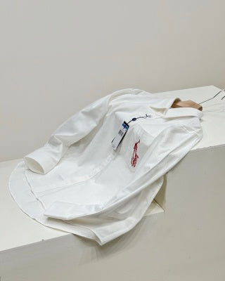 Ralph Lauren Shirt Contrast Embroidered Tencel Linen Blend Long Sleeve Shirt