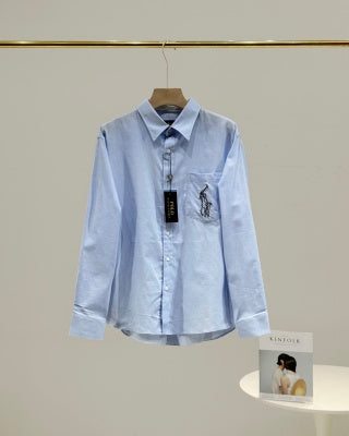 Ralph Lauren Shirt Contrast Embroidered Tencel Linen Blend Long Sleeve Shirt